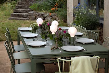 Fermob Biarritz table with Kintbury chairs and Aplo table lamps