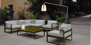 Outdoor modular in evening with outdoor lamp in courtyard