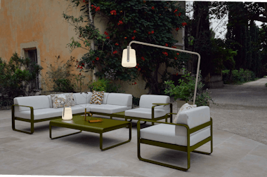 Outdoor modular in evening with outdoor lamp in courtyard