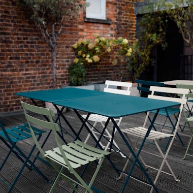 Folding metal square tables and chairs