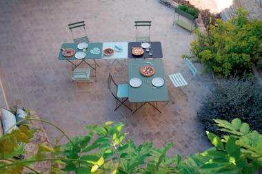 Bistro outdoor folding tables shown combined in various sizes and colours