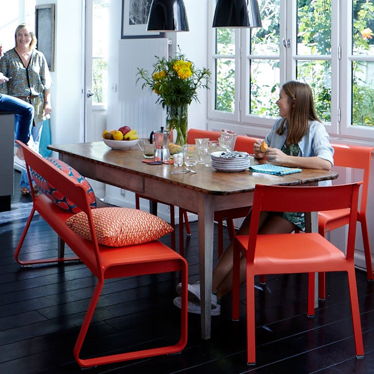 Fermob Bellevie benches and chair around kitchen dining table