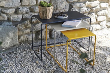 Fermob Oulala nesting outdoor tables in Road Trip colour combination