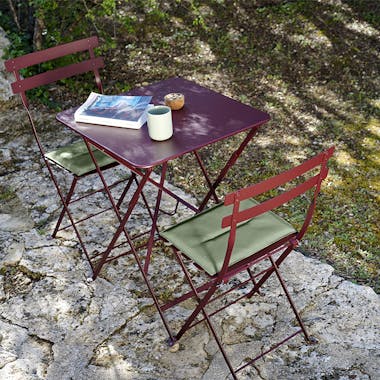 Fermob Bistro 57cm square table and chairs in black cherry