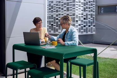 Fermob Bellevie High Bar Table and Stools for outdoor workspace