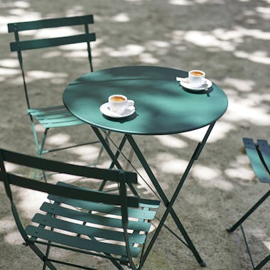 Fermob Bistro Set in Cedar Green with espresso cups